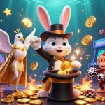 Experience winning moments with SHBET's cartoon scene featuring a magician rabbit, dove, and monkey amidst casino elements.