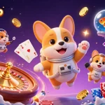 Engage with sunwinvip at a space-themed casino, featuring a corgi astronaut amidst floating chips and coins.