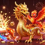 Nổ Hũ showcases a vibrant 3D casino scene with a dragon and phoenix amid slot machine chaos.